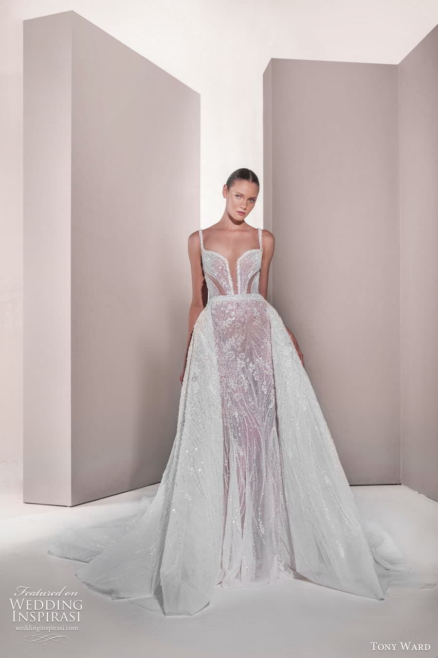 tony ward spring 2025 bridal sleeveless thin straps v neckline embellished sheath wedding dress a line overskirt chapel train oasis 25 mv