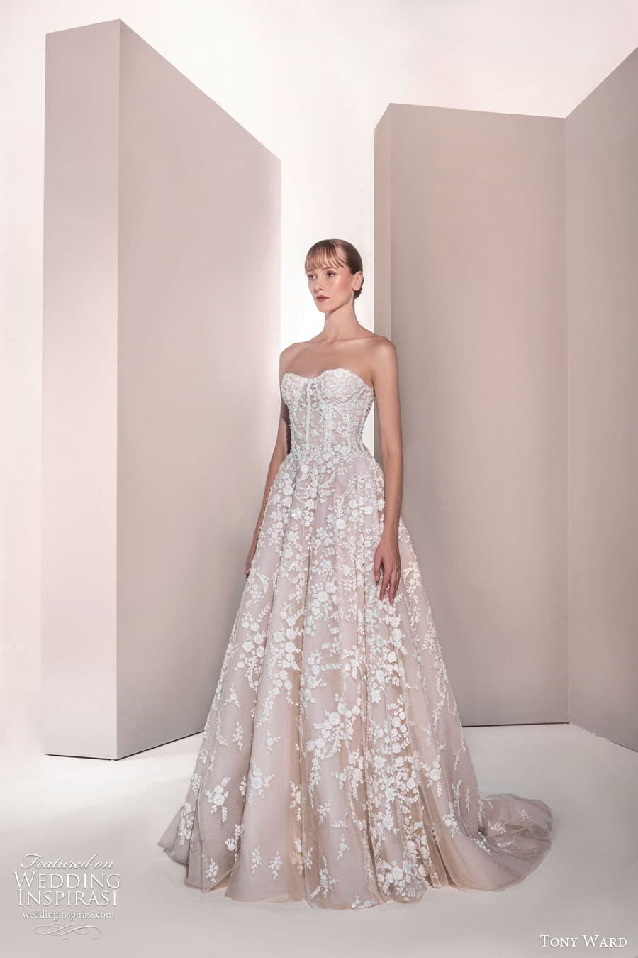 tony ward spring 2025 bridal strapless sweetheart neckline corset bodice embellished a line ball gown wedding dress chapel train blush color lantana 03 mv