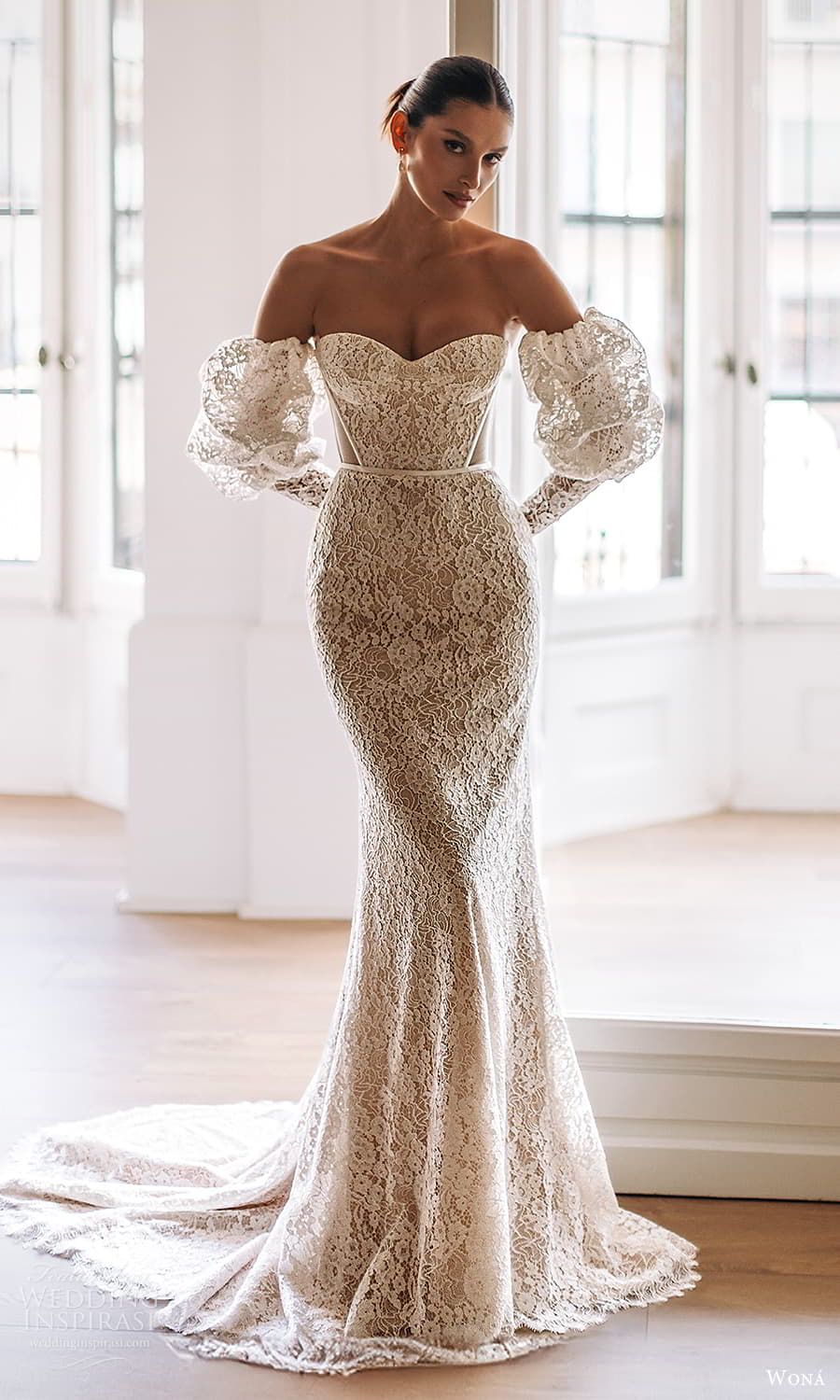 wona 2025 bridal detached long puff sleeves strapless sweetheart neckline lace fit flare mermaid wedding dress chapel train (14) mv