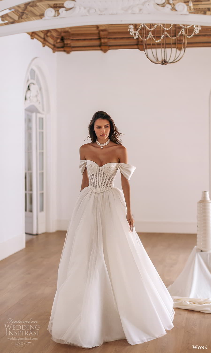 wona 2025 bridal off shoulder swag sleeve sweetheart neckline corset bodice a line ball gown wedding dress chapel train (8) fv