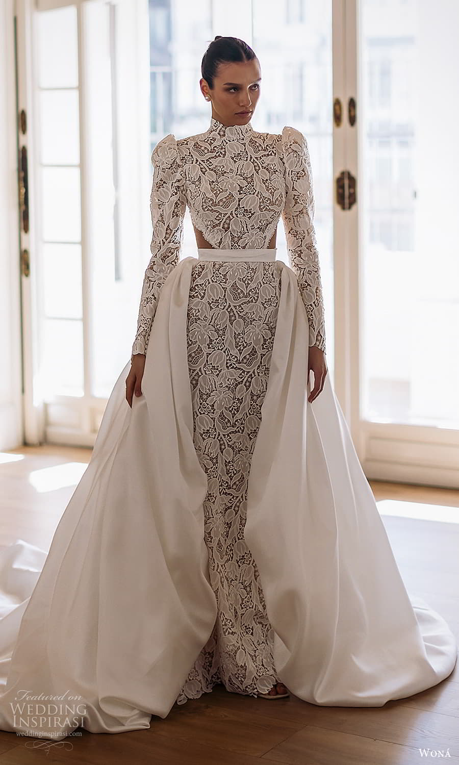 wona 2025 bridal sheer long puff sleeve high neckline sheet side cutout lace sheath wedding dress a line overskirt (31) mv