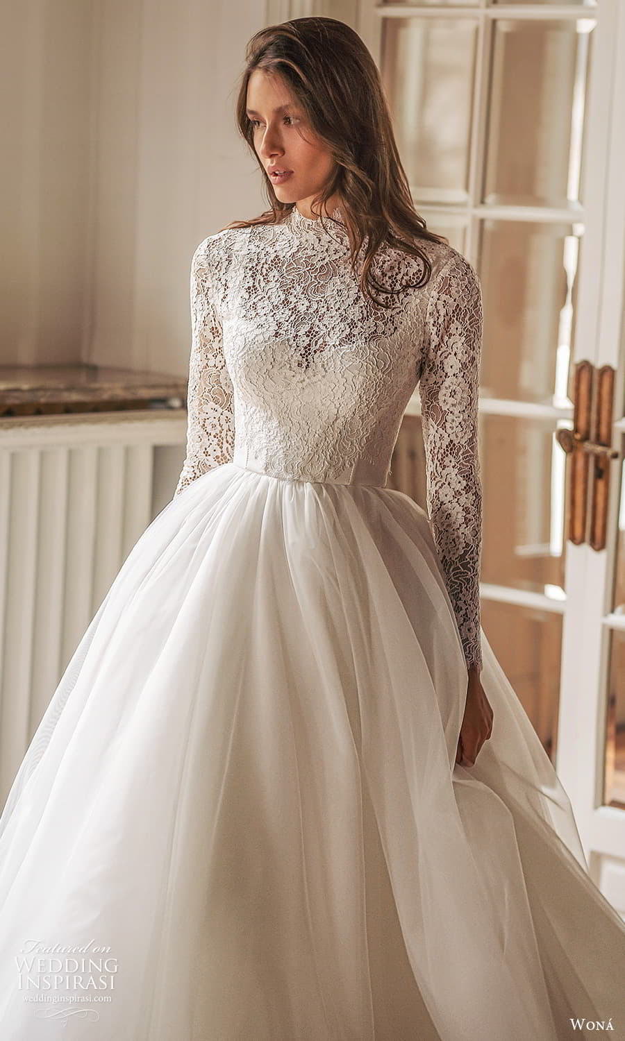 wona 2025 bridal sheer long sleeve lace high neckline lace bodice clean skirt a line ball gown wedding dress chapel train (27) mv