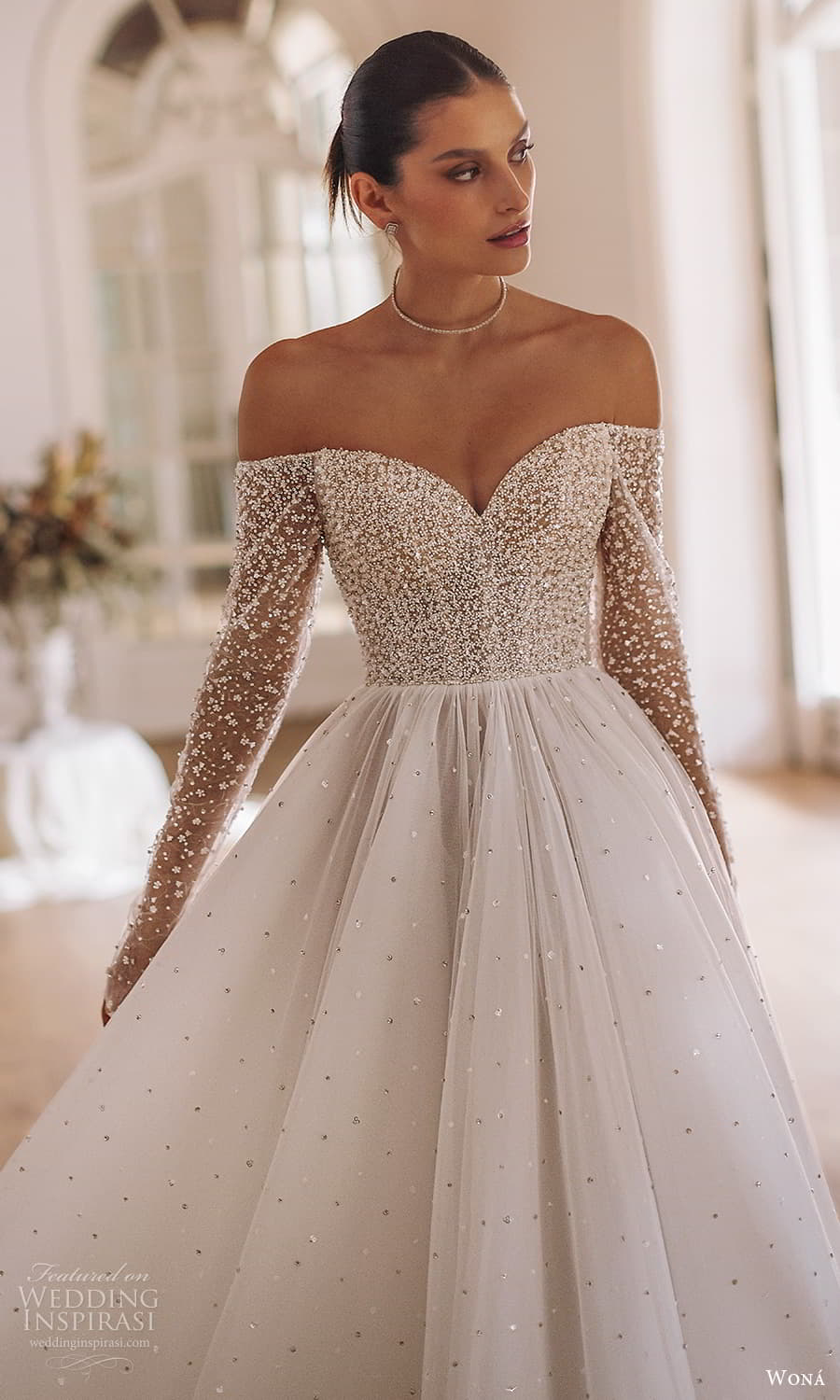 wona 2025 bridal sheer long sleeve off shoulder sweetheart neckline heavily embellished bodice clean skirt a line ball gown wedding dress chapel train (28) mv