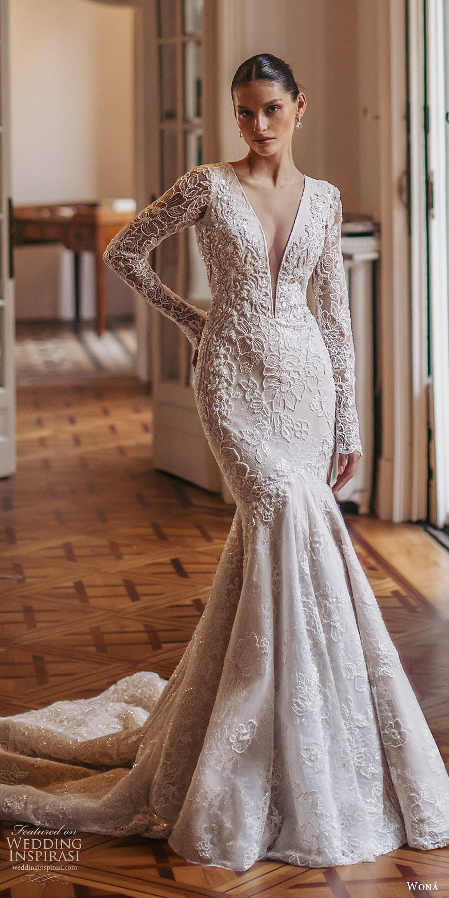 wona 2025 bridal sheer long sleeve plunging v neckline embellished fit flare mermaid wedding dress chapel train (35) mv