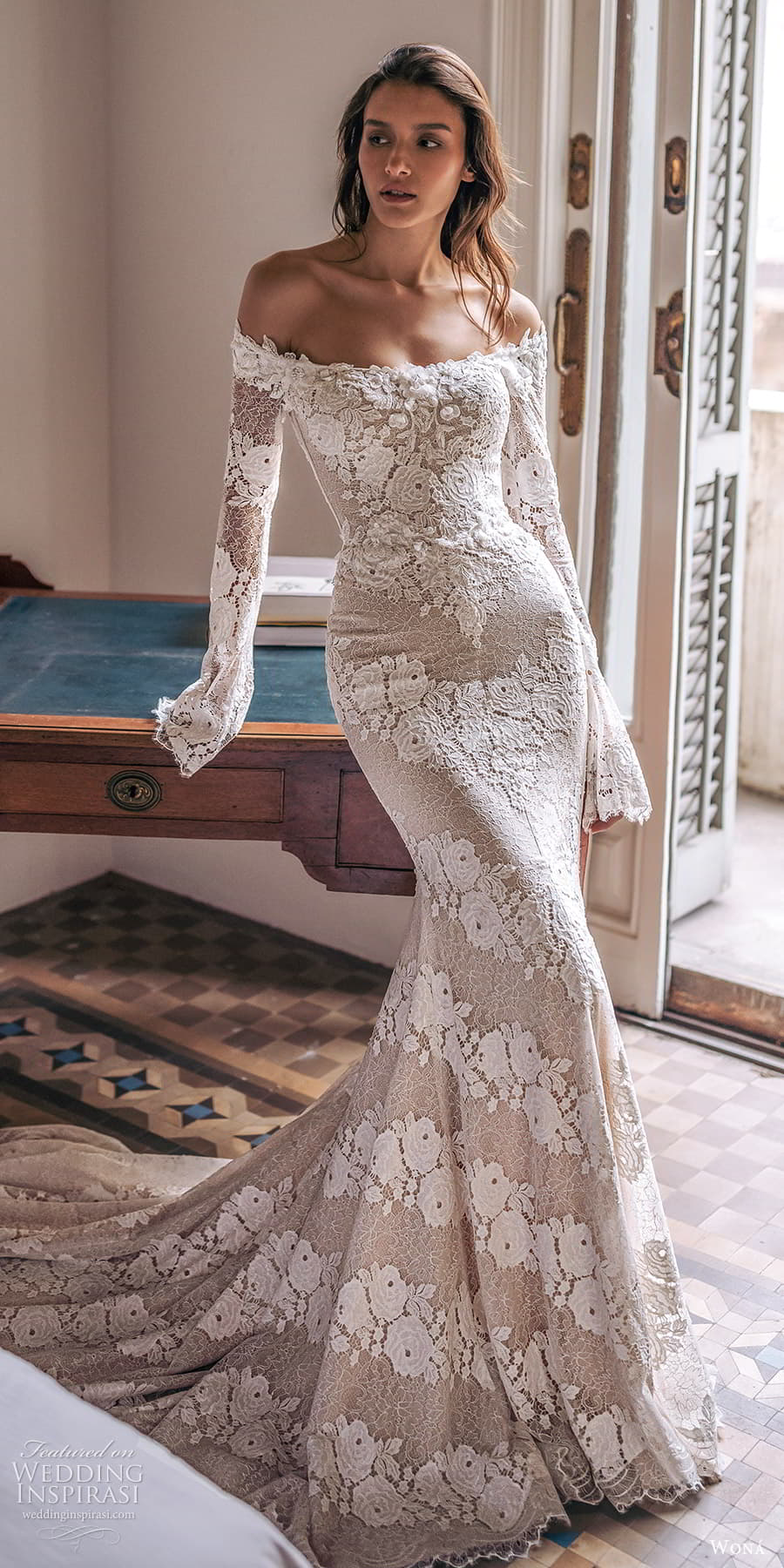 wona 2025 bridal sheer long sleeve scoop neckline embellished lace sheath wedding dress chapel train (19) mv