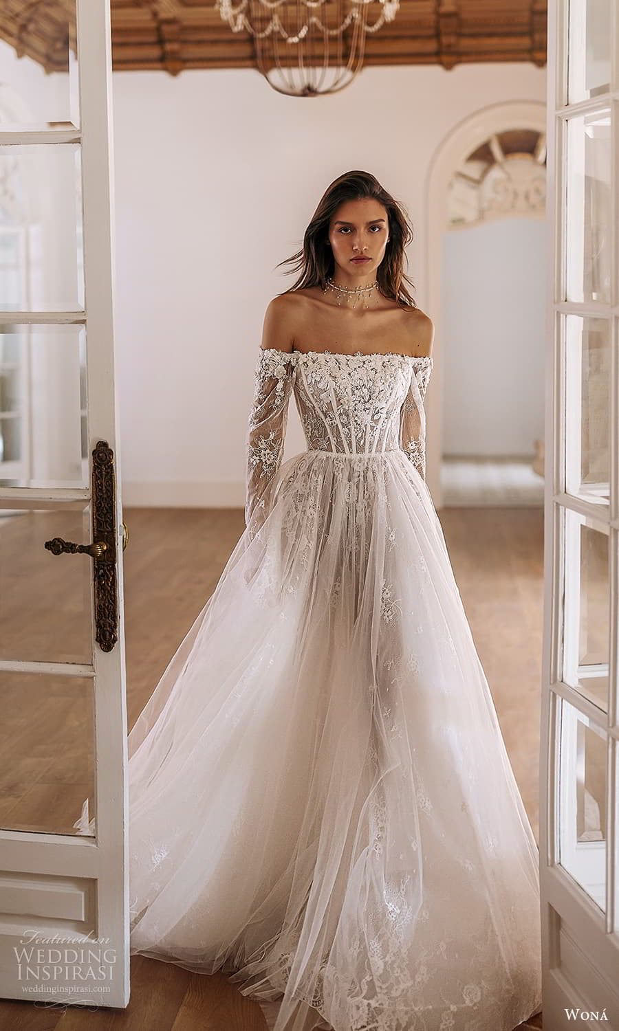 wona 2025 bridal sheer long sleeve straight across neckline embellished lace bodice a line ball gown wedding dress (18) mv