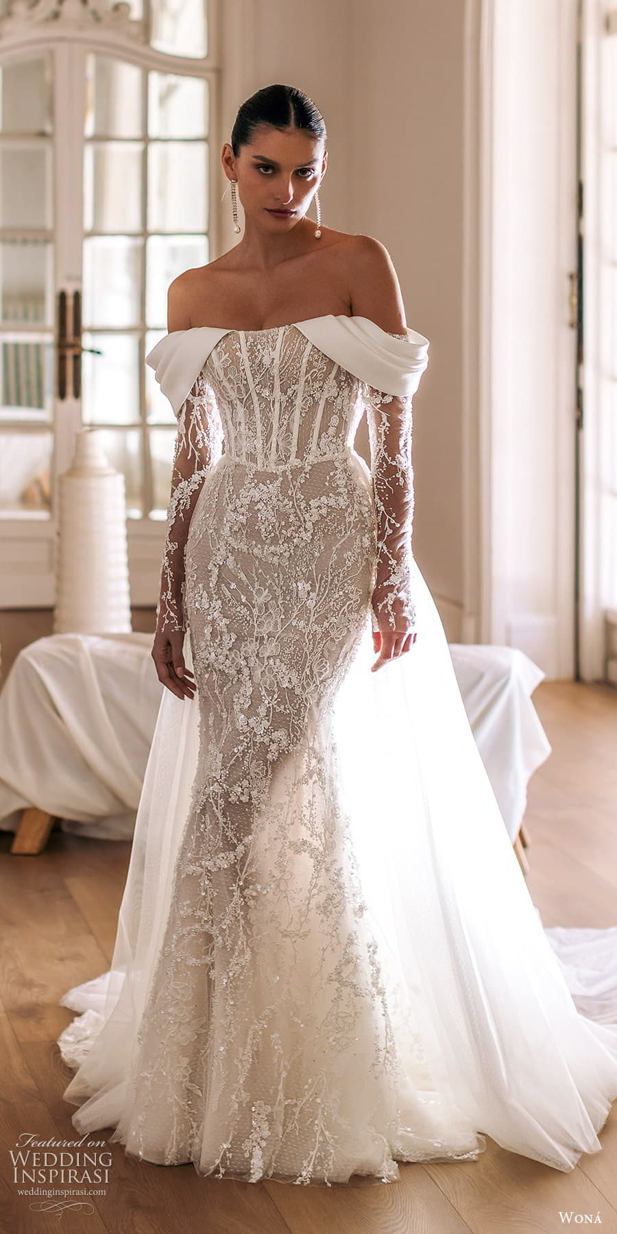 wona 2025 bridal sheer long sleeve swag straps straight across neckline embellished lace sheath wedding dress chapel train (7) mv