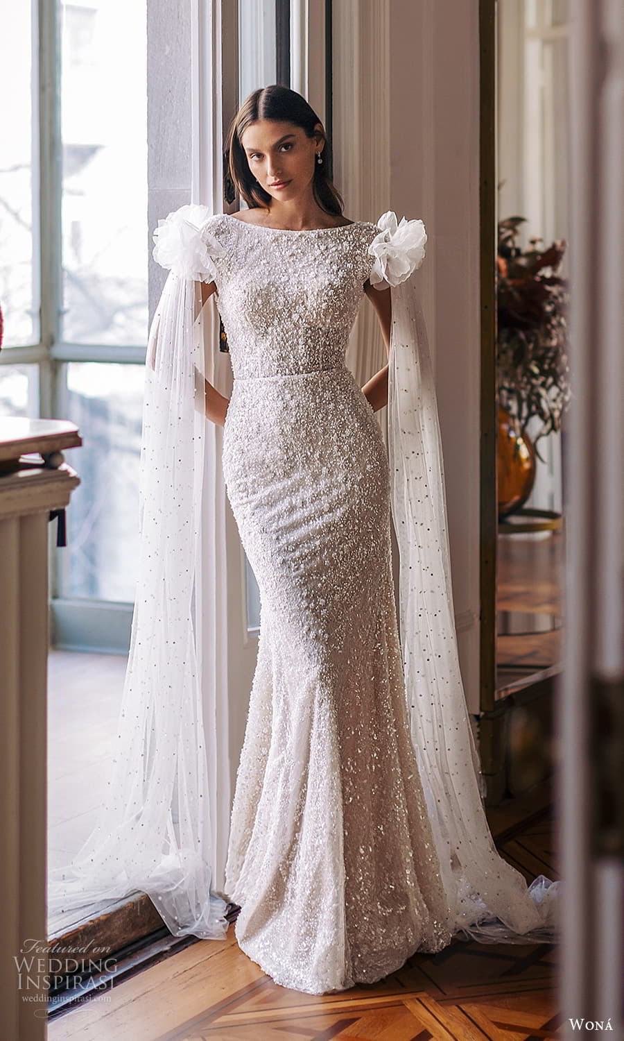 wona 2025 bridal short cap sleeves bateau neckline heavily embellished sheath wedding dress chapel train (10) mv