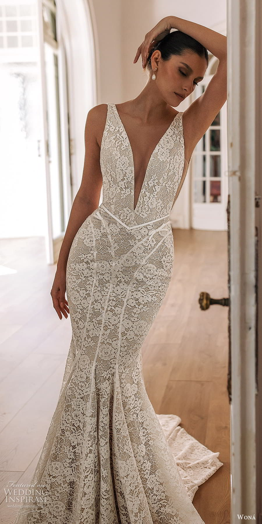 wona 2025 bridal sleeveless strap plunging v neckline embellished lace fit flare mermaid wedding dress chapel train (4) mv