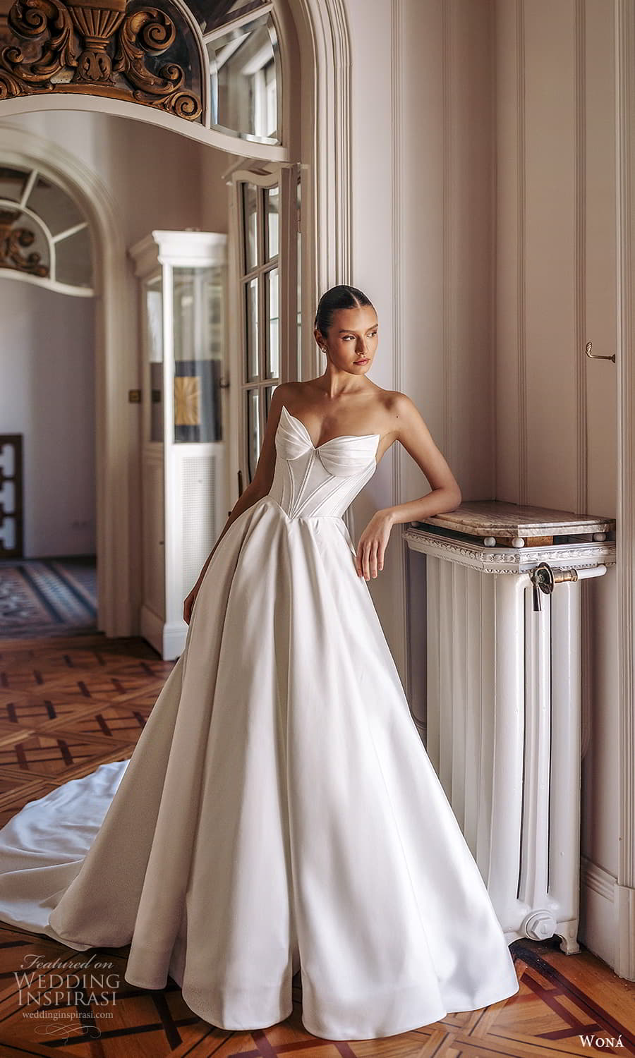 wona 2025 bridal strapless sharp sweetheart neckline clean minimalist a line ball gown wedding dress chapel train (5) mv