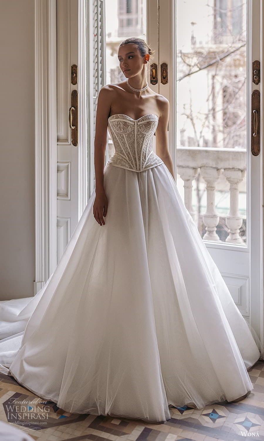 wona 2025 bridal strapless sweetheart neckline corset bodice lace a line ball gown wedding dress chapel train (30) mv