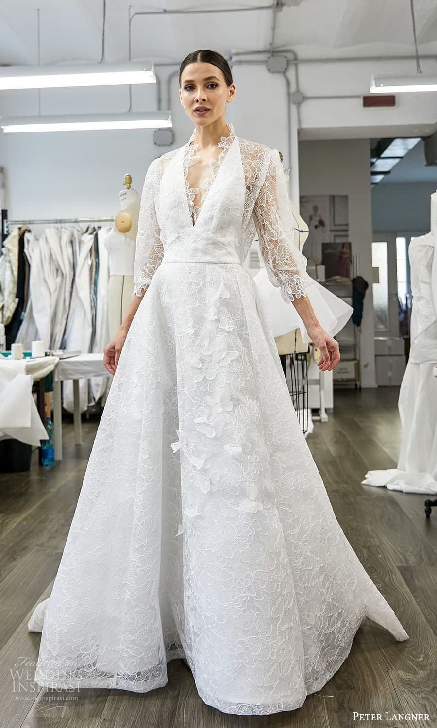 peter langner spring 2025 bridal sheer long puff sleeve plunging v neckline embellished lace a line ball gown wedding dress chapel train (6) mv