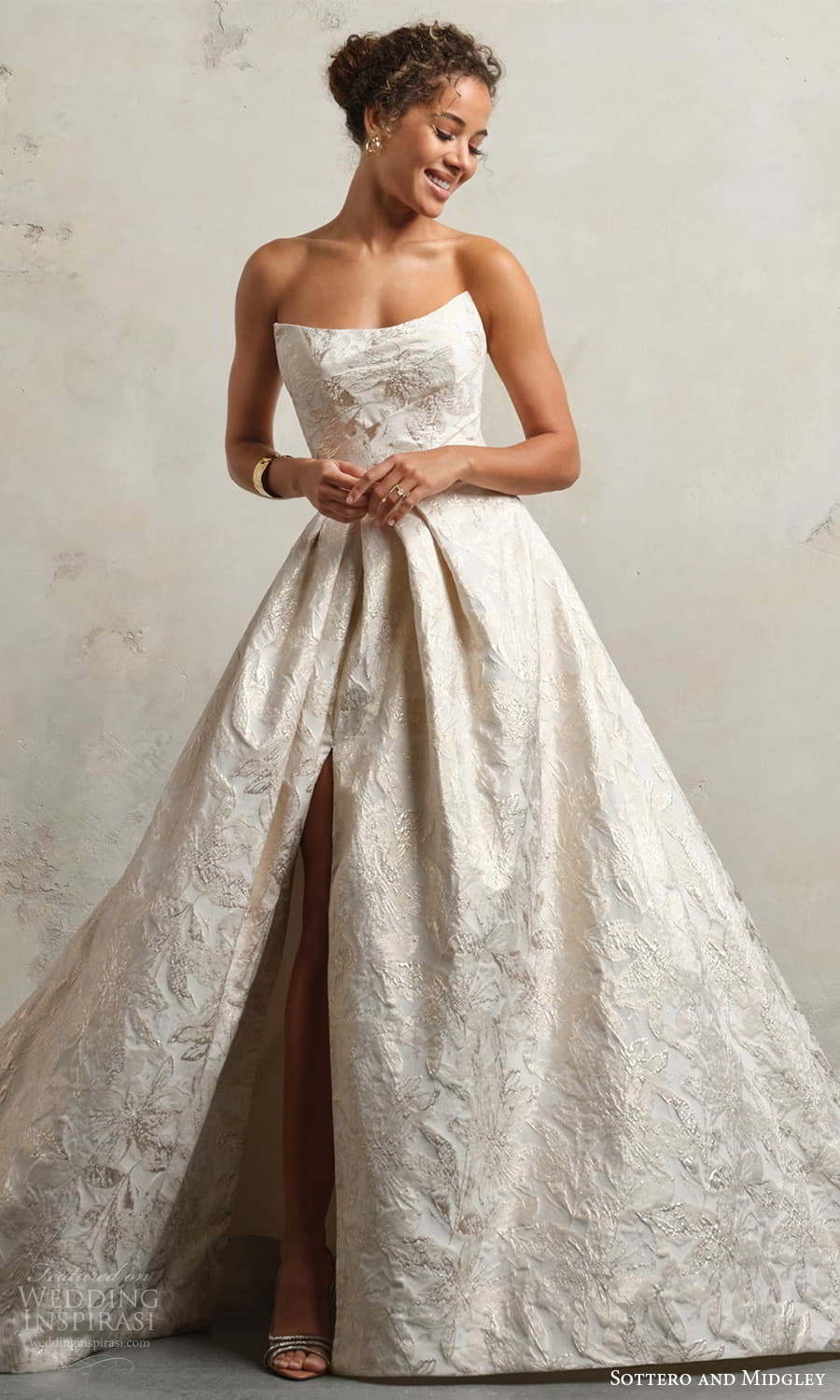 sottero midgley fall 2024 bridal strapless scoop neckline textured cat eye jacquard line ball gown wedding dress rose gold color slit skirt chapel train (1) mv sottero midgley fall 2024 bridal strapless scoop neckline textured cat eye jacquard line ball gown wedding dress rose gold color slit skirt chapel train (1) mv