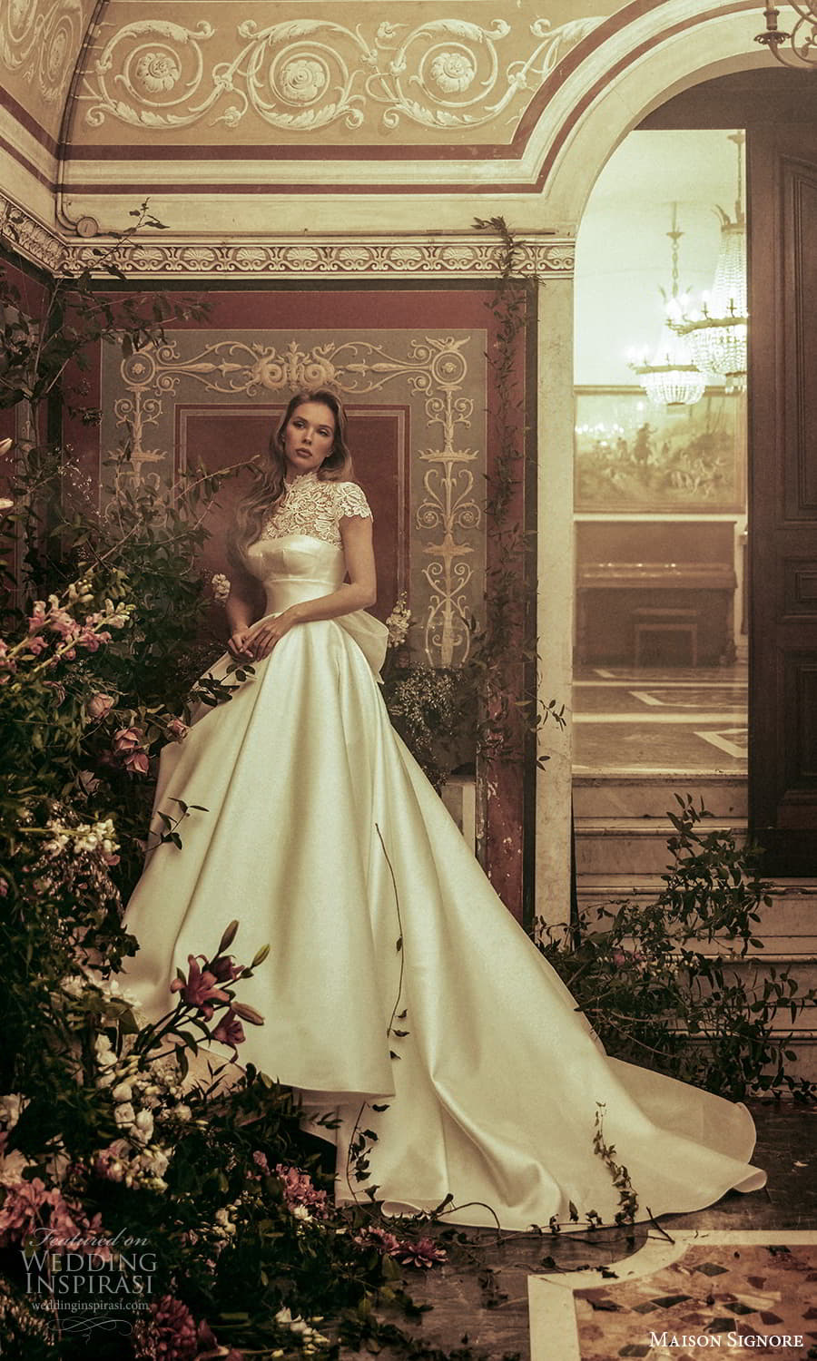 maison signore 2025 bridal sheer lace cap sleeves high neckline corset bodice clean minimalist skirt a line ball gown wedding dress chapel train (14) mv