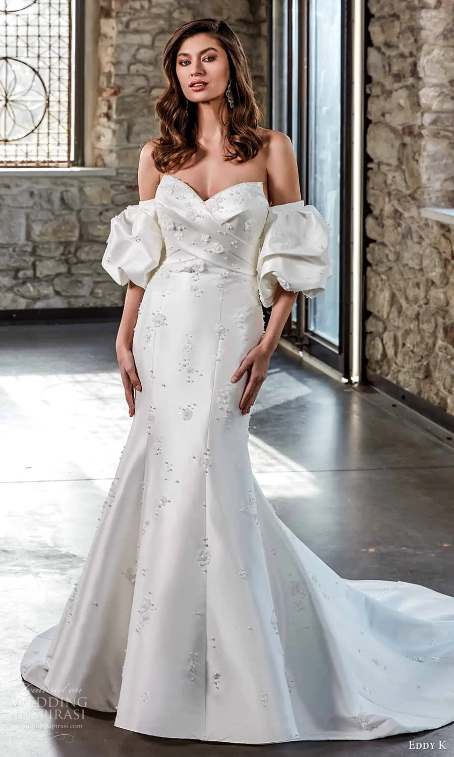 eddy k 2025 milano couture bridal detached puff sleeve strapless cat eye sweetheart neckcline embellished fit flare mermaid wedding dress chapel train (8) mv eddy k 2025 milano couture bridal detached puff sleeve strapless cat eye sweetheart neckcline embellished fit flare mermaid wedding dress chapel train (8) mv
