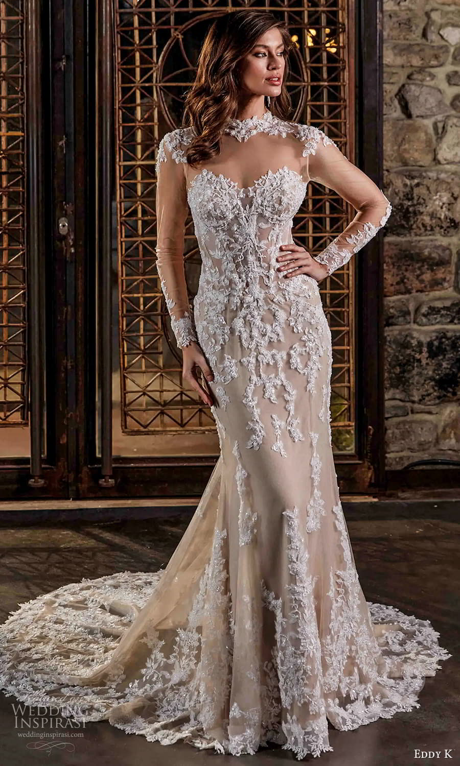 eddy k 2025 milano couture bridal sheer long sleeve high neckline embellished lace sheath fit flare sheer skirt wedding dress chapel train (1) fv eddy k 2025 milano couture bridal sheer long sleeve high neckline embellished lace sheath fit flare sheer skirt wedding dress chapel train (1) fv
