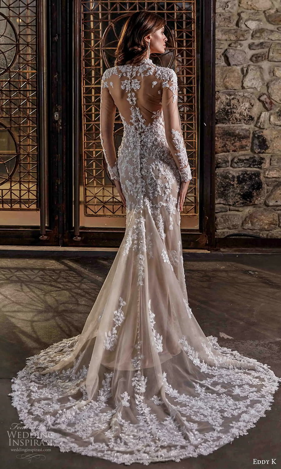 eddy k 2025 milano couture bridal sheer long sleeve high neckline embellished lace sheath fit flare sheer skirt wedding dress chapel train sheer back (1) bv eddy k 2025 milano couture bridal sheer long sleeve high neckline embellished lace sheath fit flare sheer skirt wedding dress chapel train sheer back (1) bv
