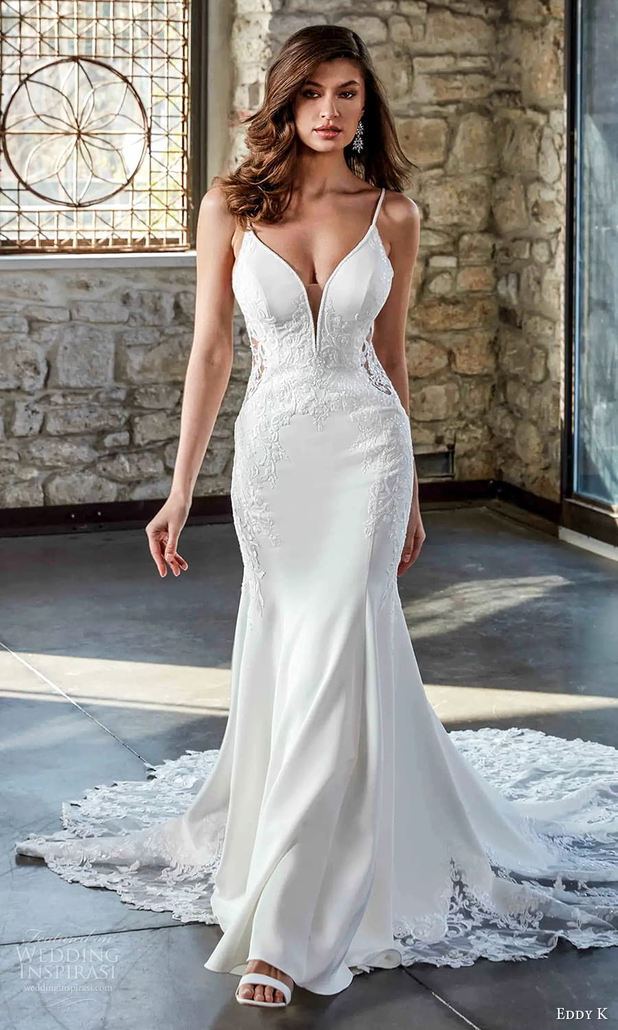 eddy k 2025 milano couture bridal sleeveless straps plunging v neckline sheer lace cutout sides fit flare sheath mermaid wedding dress cathedral train (7) mv eddy k 2025 milano couture bridal sleeveless straps plunging v neckline sheer lace cutout sides fit flare sheath mermaid wedding dress cathedral train (7) mv