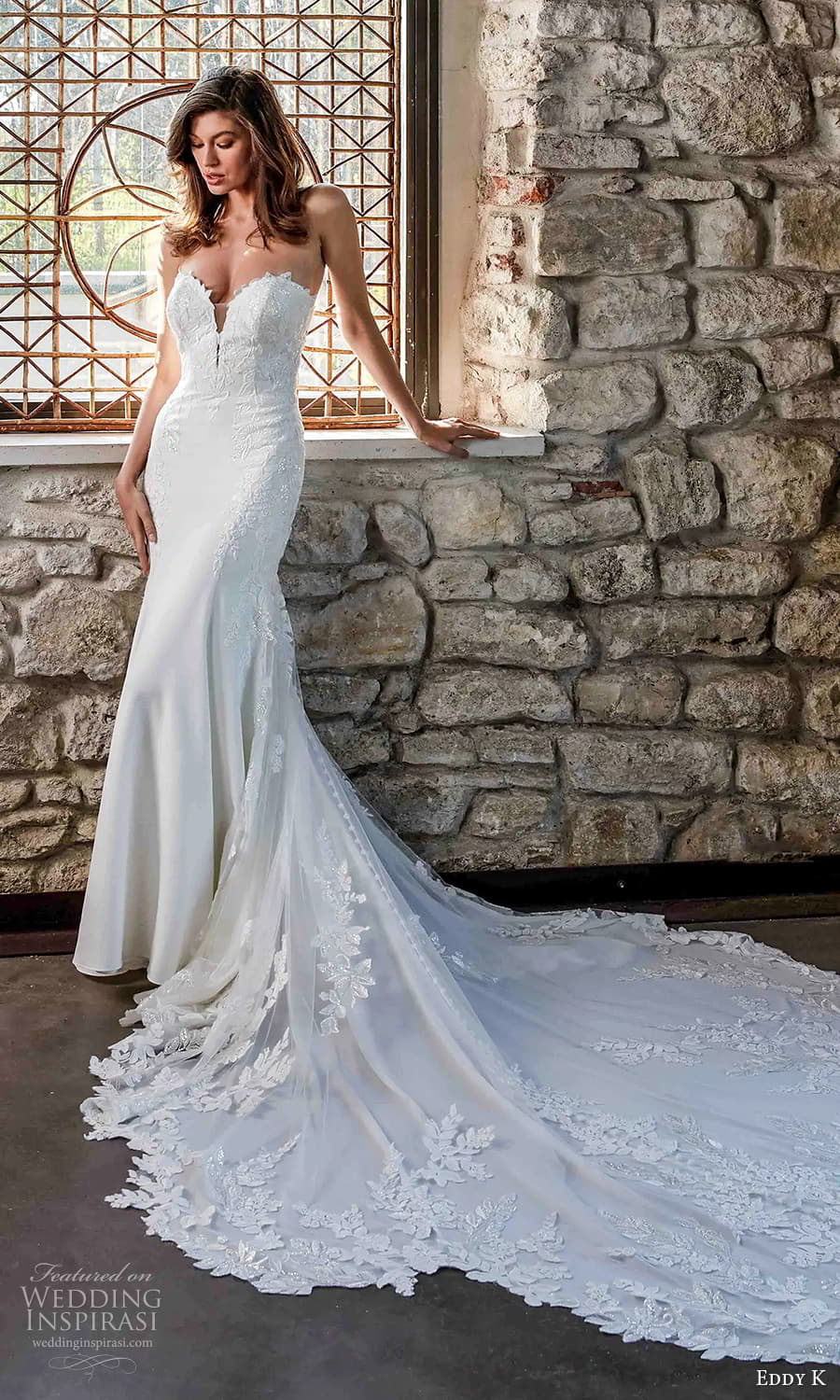 eddy k 2025 milano couture bridal strapless sweetheart neckline embellished lace sheath wedding dress chapel train (4) mv eddy k 2025 milano couture bridal strapless sweetheart neckline embellished lace sheath wedding dress chapel train (4) mv
