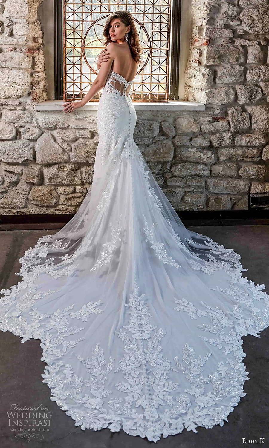 eddy k 2025 milano couture bridal strapless sweetheart neckline embellished lace sheath wedding dress chapel train sheer back (4) bv eddy k 2025 milano couture bridal strapless sweetheart neckline embellished lace sheath wedding dress chapel train sheer back (4) bv