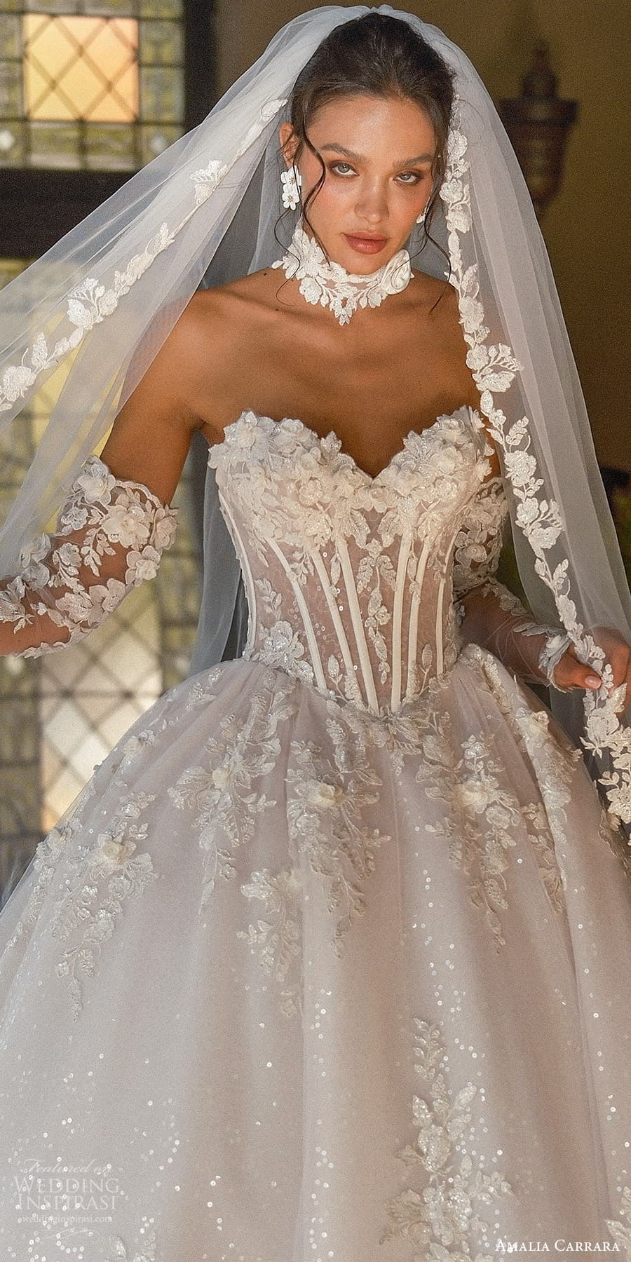 amalia carrara spring 2025 bridal detached long sleeves strapless sweetheart neckline embellished corset bodice basque waist a line wedding dress cathedral train veil (3) lv
