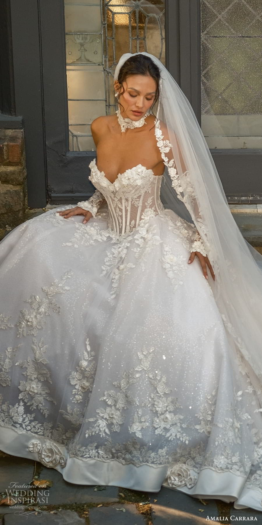 amalia carrara spring 2025 bridal detached long sleeves strapless sweetheart neckline embellished corset bodice basque waist a line wedding dress cathedral train veil (3) zv