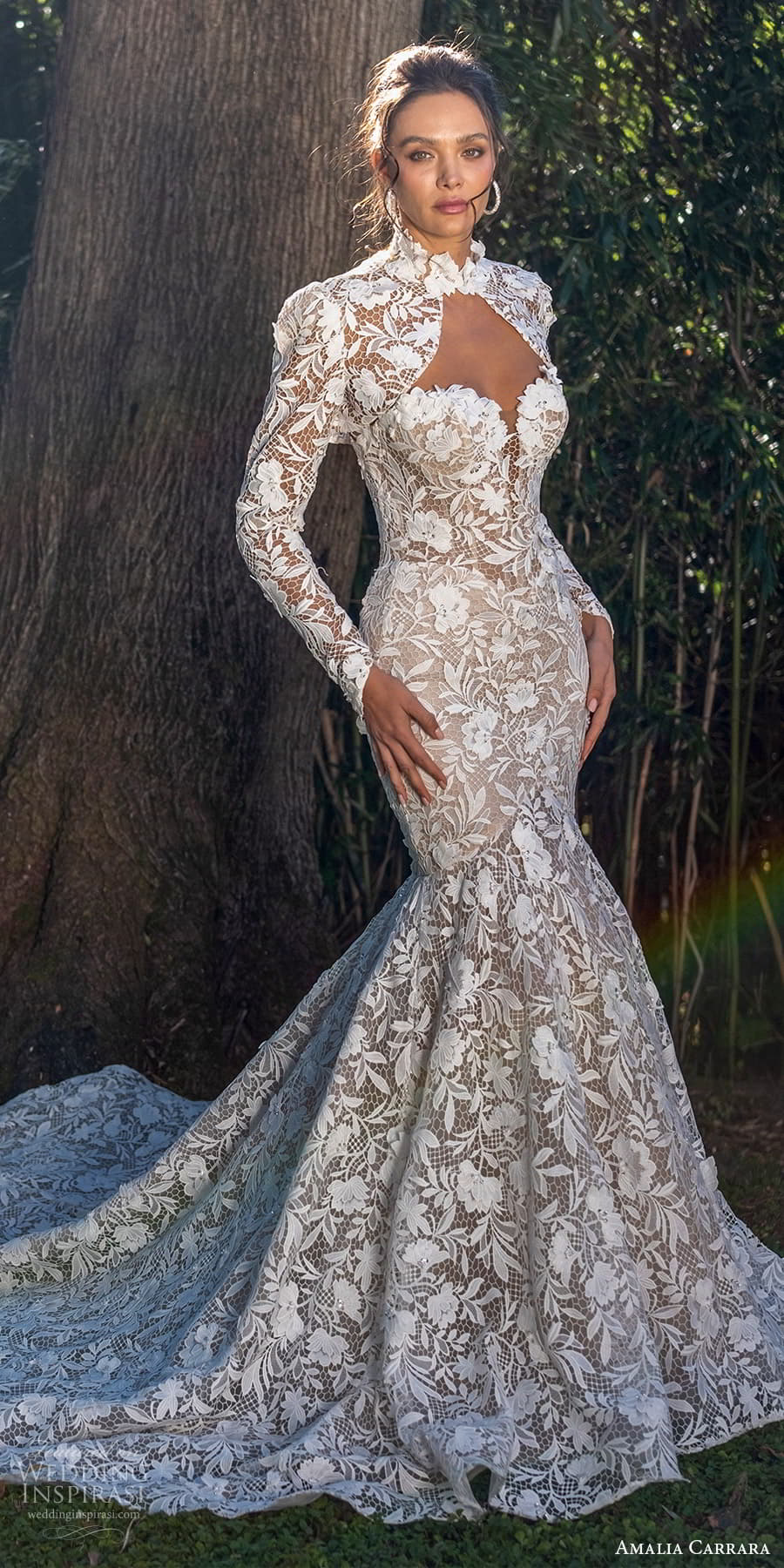 amalia carrara spring 2025 bridal long sleeve bolero jacker strapless sweetheart neckline embellished lace sheath fit flare mermaid wedding dress chapel train (4) mv
