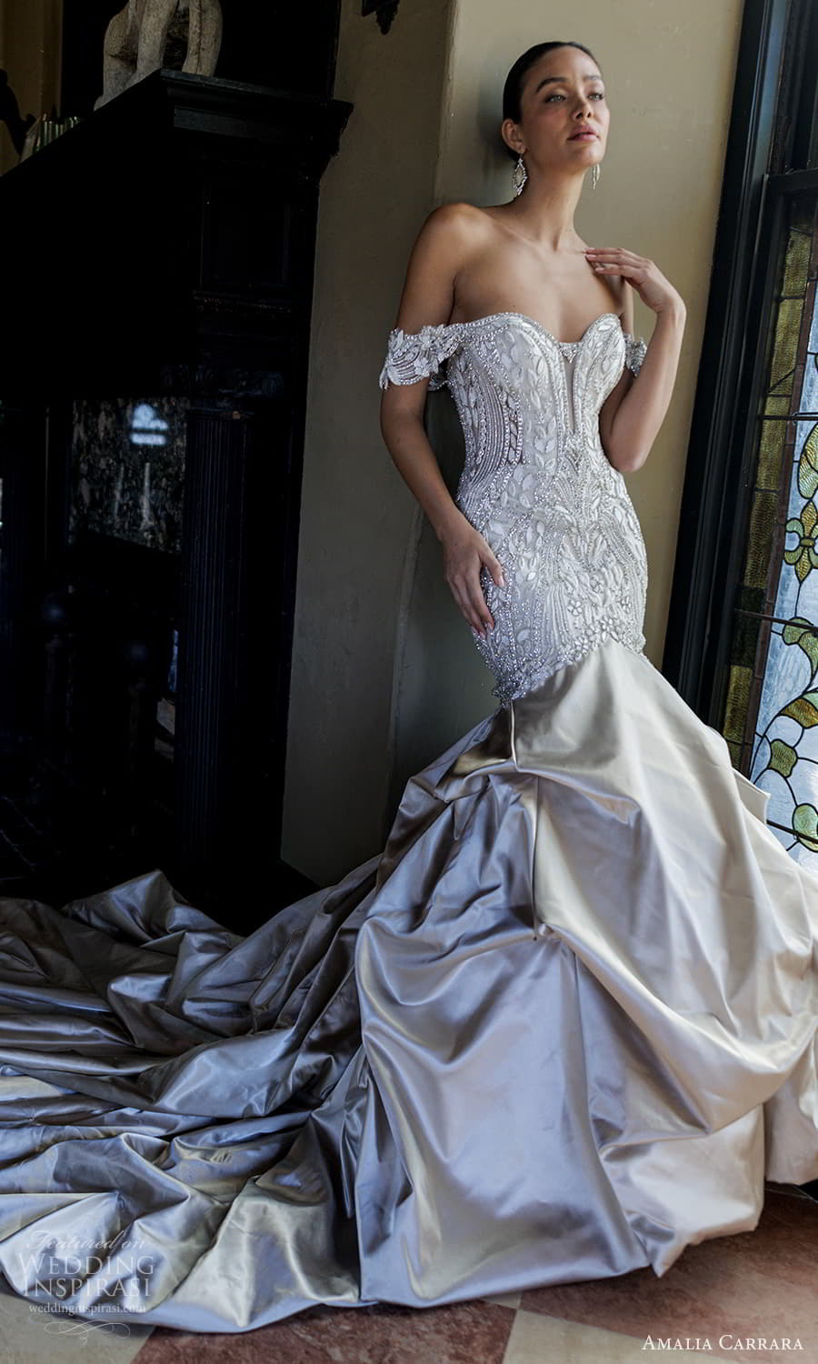 amalia carrara spring 2025 bridal off shoulder straps sweetheart neckline embellished bodice fit flare mermaid wedding dress ruched skirt cathedral train (2) mv