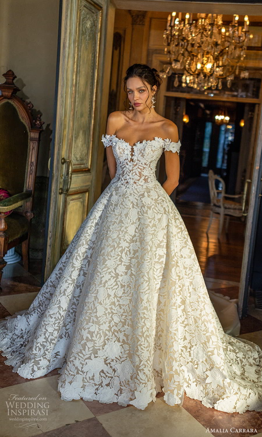 amalia carrara spring 2025 bridal off shoulder straps sweetheart neckline embellished lacce a line ball gown wedding dress chapel train (7) mv