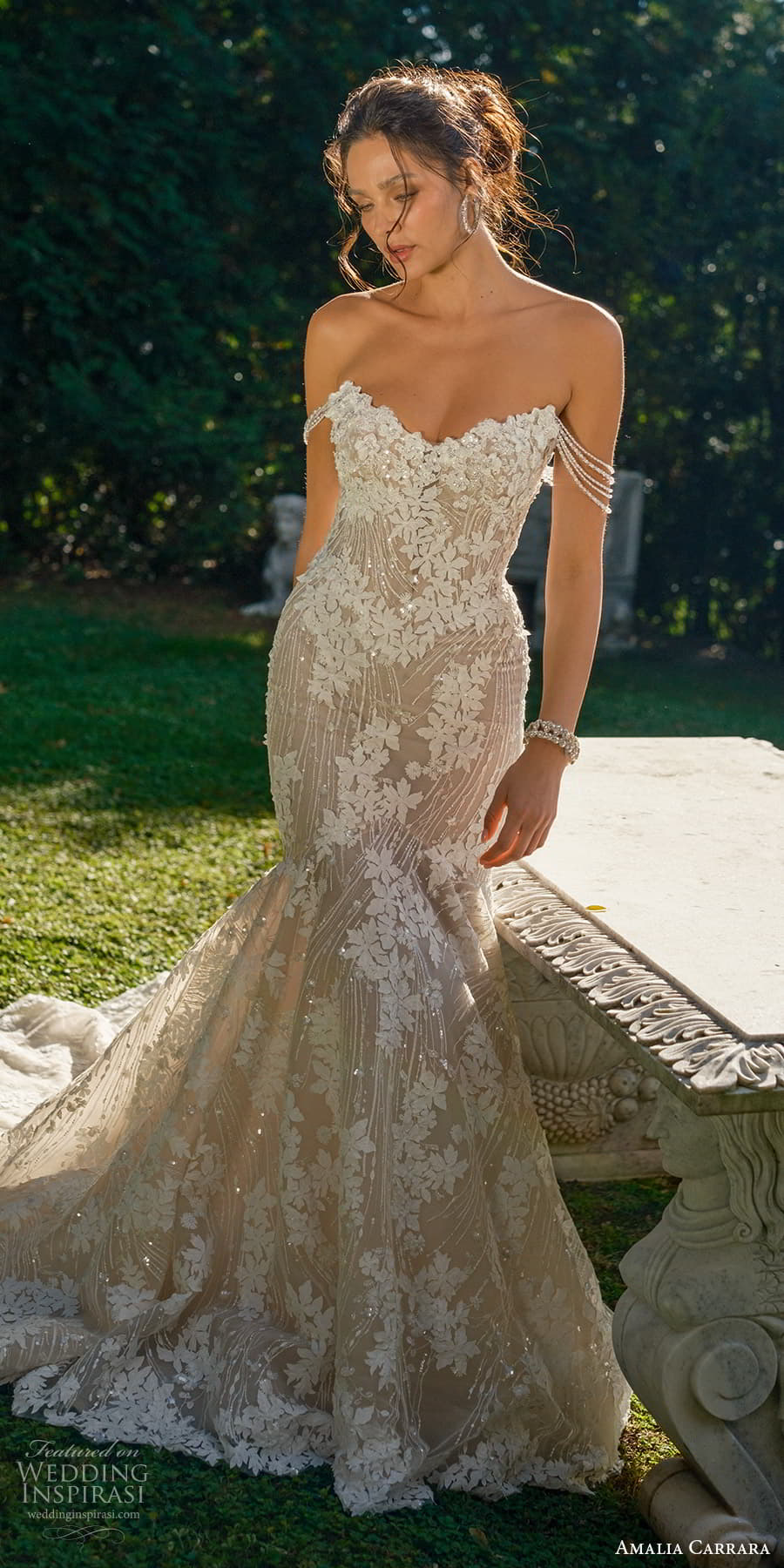 amalia carrara spring 2025 bridal off shoulder straps sweetheart neckline embellished sheath fit flare wedding dress chapel train (8) mv