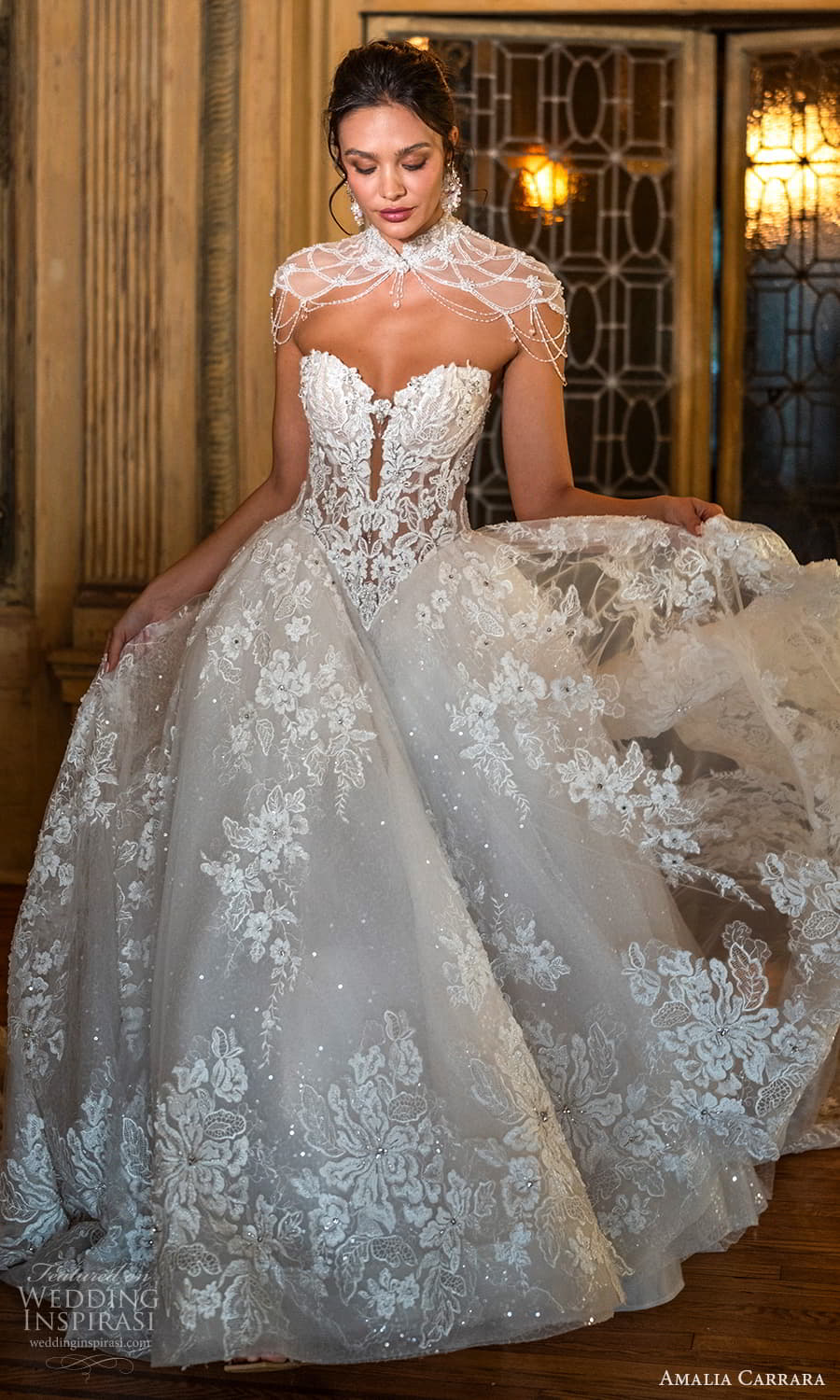 amalia carrara spring 2025 bridal sheer cap sleeve high neck top strapless sweetheart neckline heavily embellished a line ball gown wedding dress chapel train (5) mv