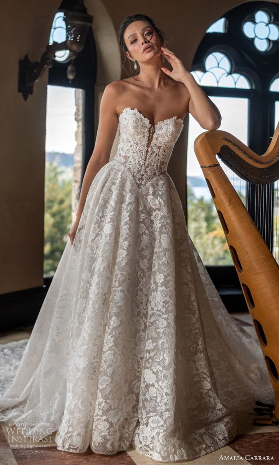 amalia carrara spring 2025 bridal strapless sweetheart neckline basque waist heavily embellished lace a line ball gown wedding dress chapel train (1) mv