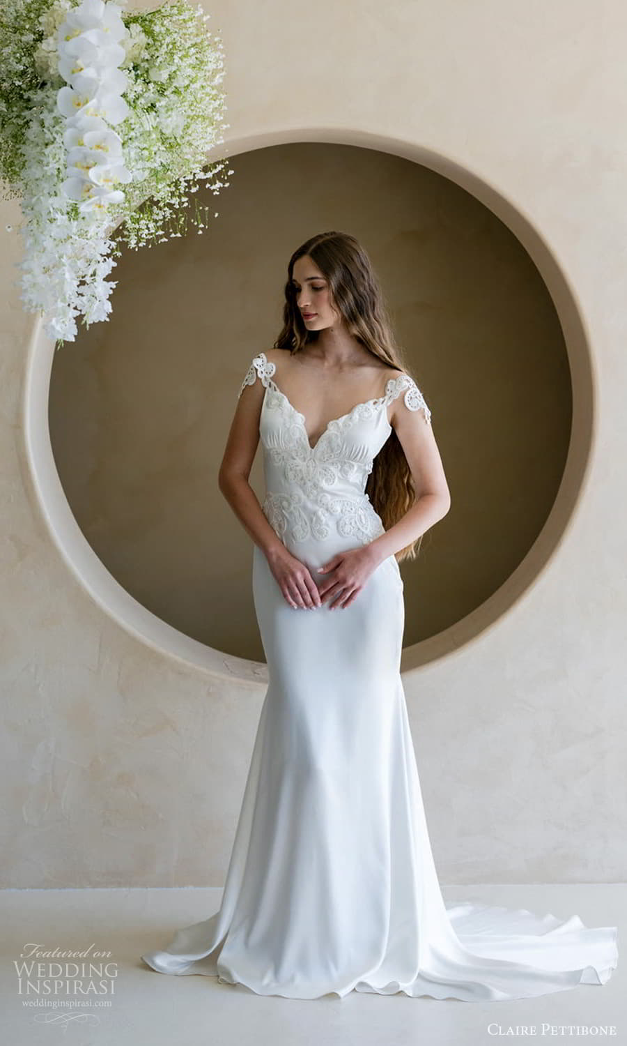 claire pettibone spring 2026 bridal cap sleeves sweetheart neckline embellished bodice clean skirt sheath wedding dress chapel train (1) mv claire pettibone spring 2026 bridal cap sleeves sweetheart neckline embellished bodice clean skirt sheath wedding dress chapel train (1) mv