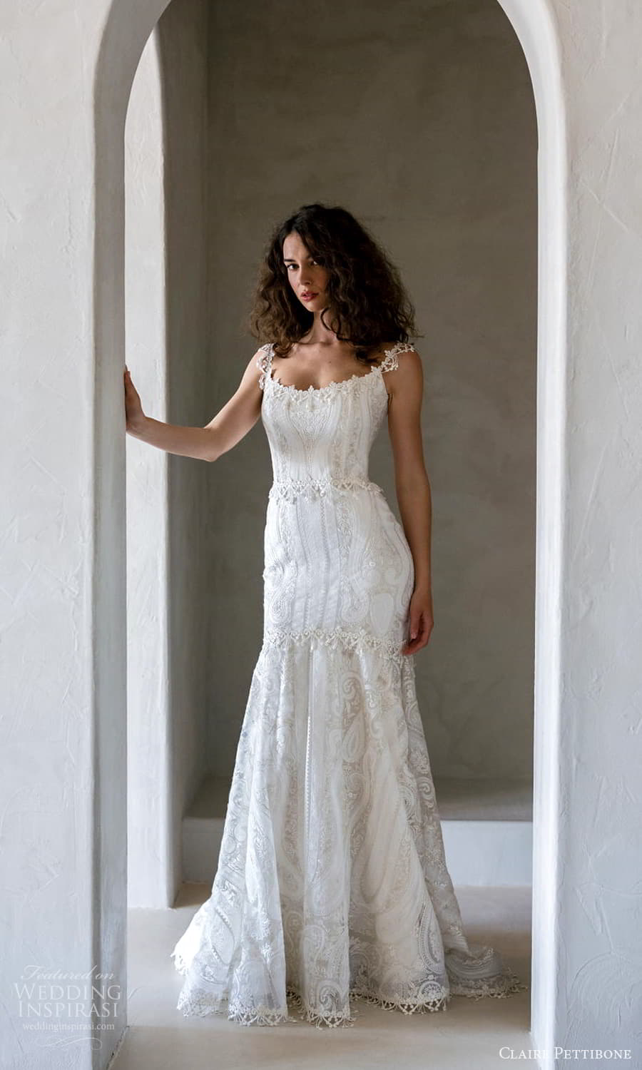 claire pettibone spring 2026 bridal mini cap sleeve wide scoop neckline embellished bodice fit flare wedding dress chapel train (2) mv claire pettibone spring 2026 bridal mini cap sleeve wide scoop neckline embellished bodice fit flare wedding dress chapel train (2) mv