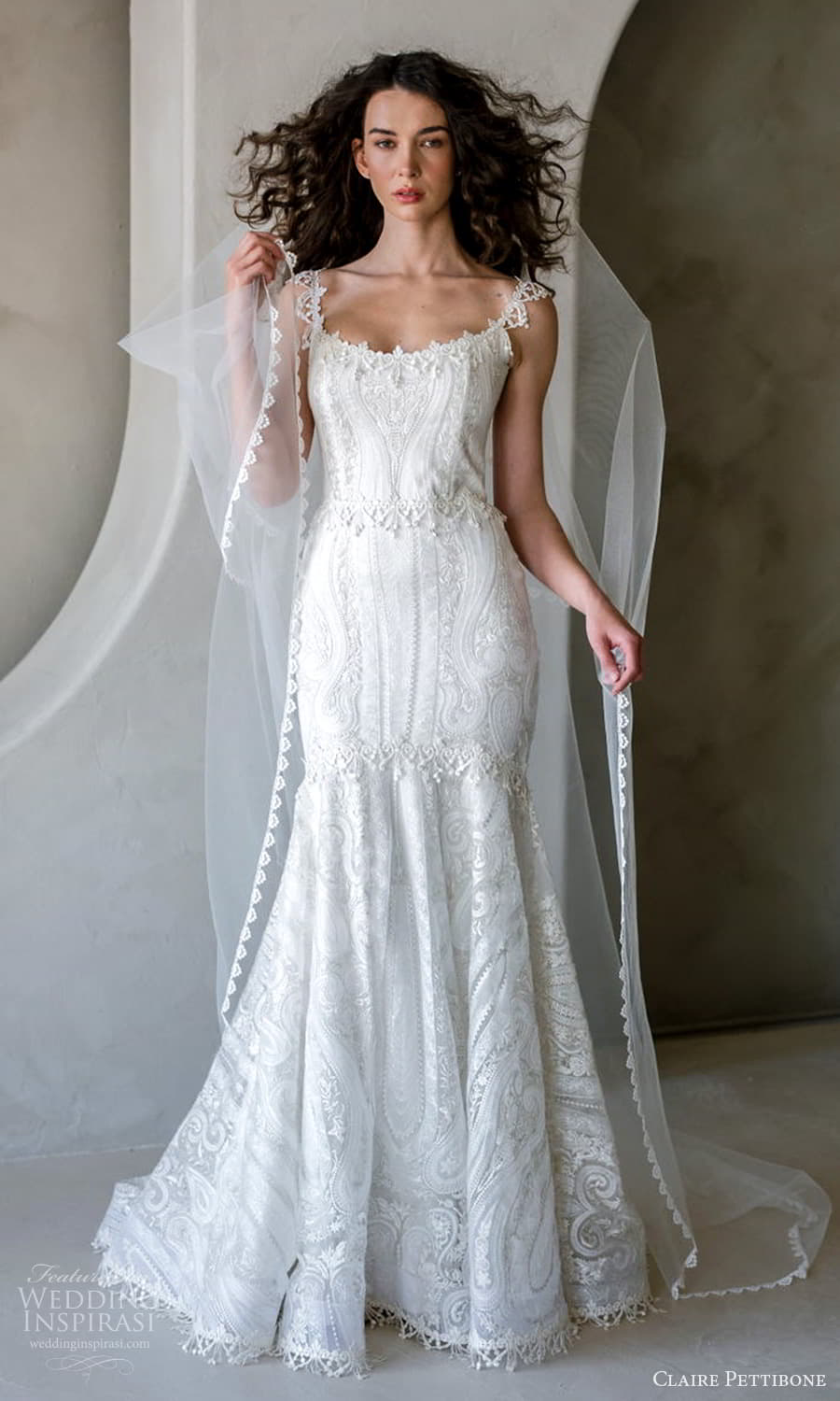 claire pettibone spring 2026 bridal mini cap sleeve wide scoop neckline embellished bodice fit flare wedding dress chapel train veil (2) fv claire pettibone spring 2026 bridal mini cap sleeve wide scoop neckline embellished bodice fit flare wedding dress chapel train veil (2) fv