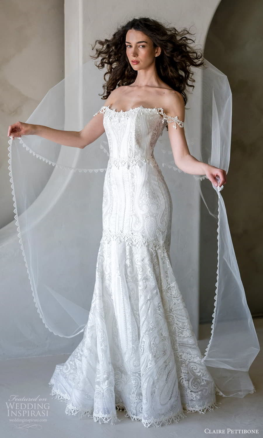 claire pettibone spring 2026 bridal mini cap sleeve wide scoop neckline embellished bodice fit flare wedding dress chapel train veil (2) sv claire pettibone spring 2026 bridal mini cap sleeve wide scoop neckline embellished bodice fit flare wedding dress chapel train veil (2) sv