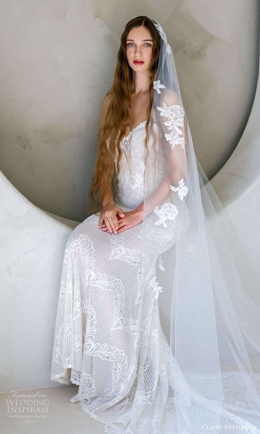 claire pettibone spring 2026 bridal strapless sweetheart embellished sheath wedding dress chapel train veil (5) mv claire pettibone spring 2026 bridal strapless sweetheart embellished sheath wedding dress chapel train veil (5) mv