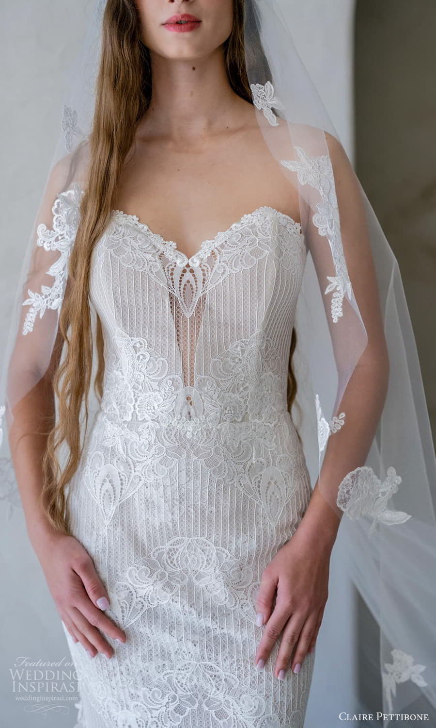claire pettibone spring 2026 bridal strapless sweetheart neckline embellished sheath wedding dress chapel train (3) zv claire pettibone spring 2026 bridal strapless sweetheart neckline embellished sheath wedding dress chapel train (3) zv